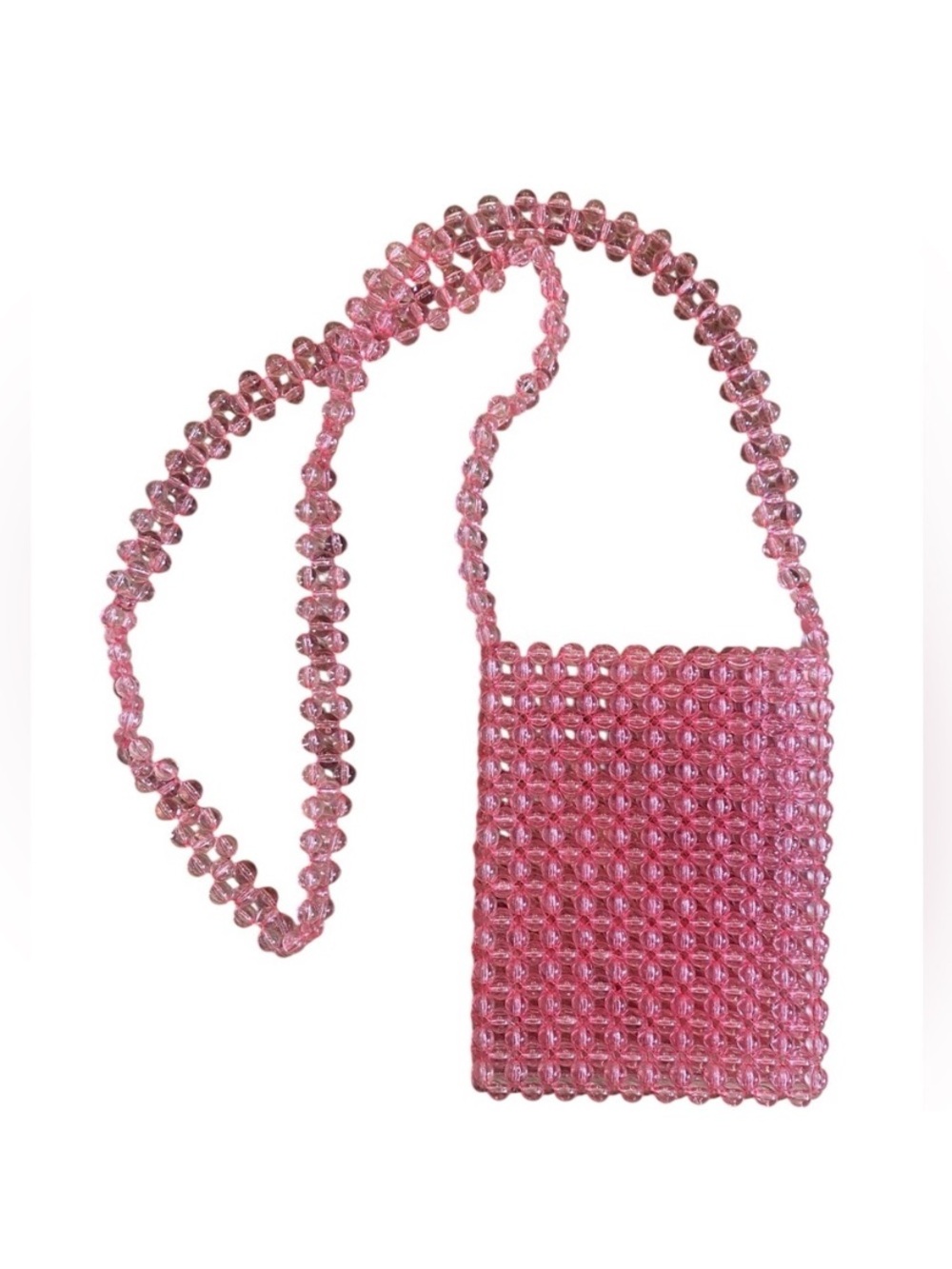 Pink Beaded Long Strap Beaded Small Crossbody Bag